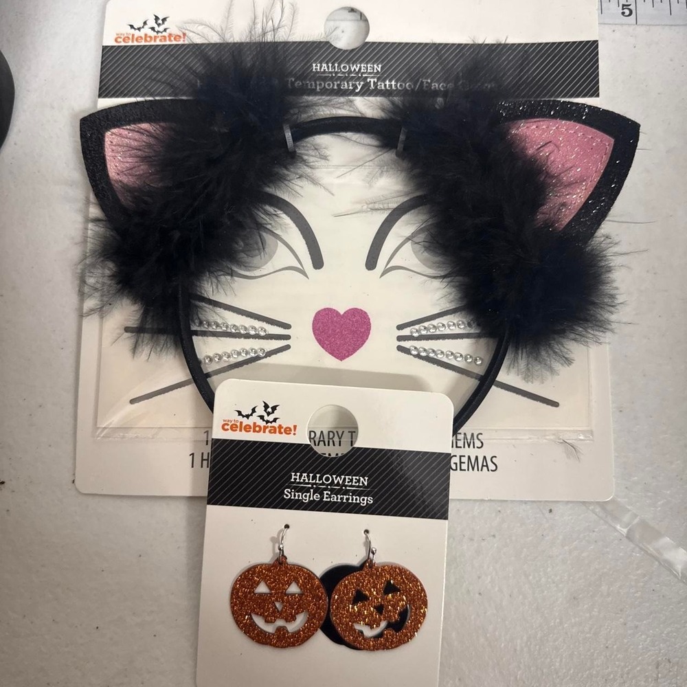 Halloween cat ears and pumpkin earrings